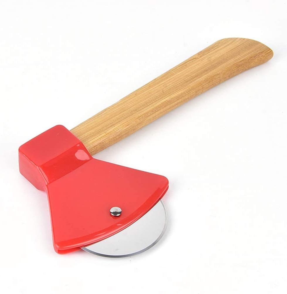 Funny & Cool Axe Pizza Cutter - Unique Men Dad Tool With Steel Сircular Saw, Plastic Cover for Wheel Blade Knife & Bamboo Handle - Cute Kitchen Gadgets Nonstick Stuff Slicer Accessories