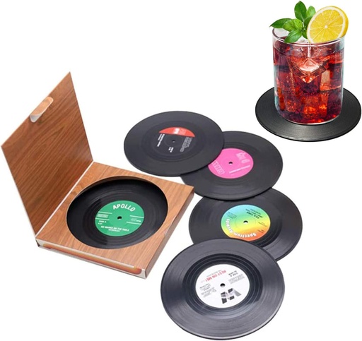 Set of 6 Cute Retro Vinyl Coasters - Funny Record Decoration Disk Furniture - Creative Drinks Equipment Music Ideas for Bar, Home, Restaurant, Apartment, Room - Mini Decor Drink Cup Stuff Holder Tool