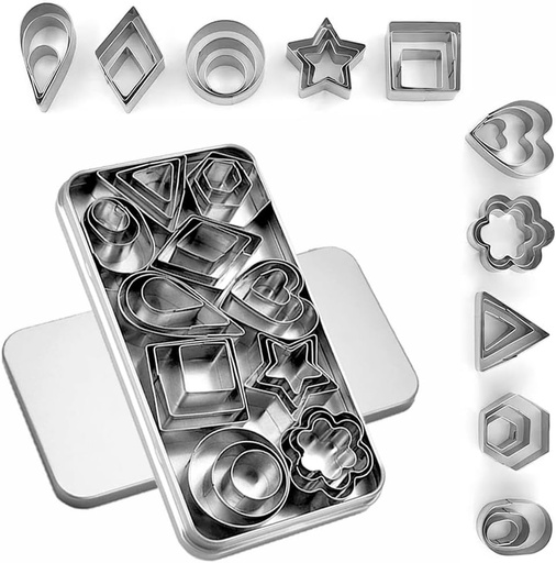 30Pcs Mini Cookie Cutter Set with Box, Small Stainless Steel Veggie Cutters, Polymer Clay Cutters for Kids, Geometric Set for Biscuit Cutter, Tiny Fruit Cutter